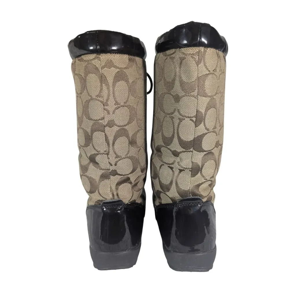 COACH! BROWN MONOGRAM & PATENT LEATHER INSULATED LACE UP WINTER BOOTS! SZ 6.5M